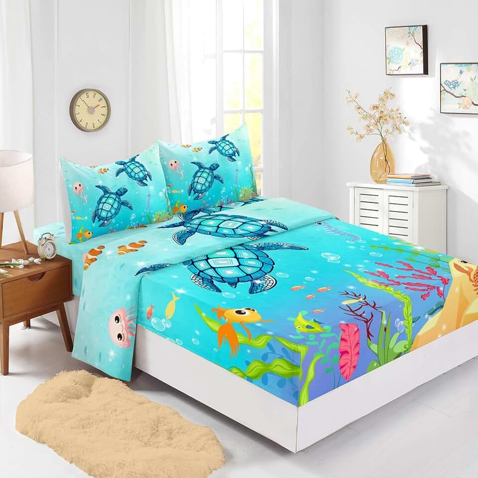 Sea Turtle Fitted Sheet Cartoon Turtle Bed Sheets Reptile Sea Animals Wildlife Bed Cover for Teens Adult Includes 1 Fitted Sheet,1 Flat Sheet,2 Pillowcases