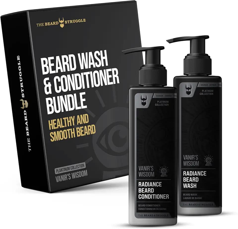 The Beard Struggle Radiance Beard Wash & Conditioner Bundle - Platinum Collection - Pack of 2 - Vanir's Wisdom - 8 Fl Oz each - For Men - Nourish, Cleanse, Soften, & Strengthen Beard