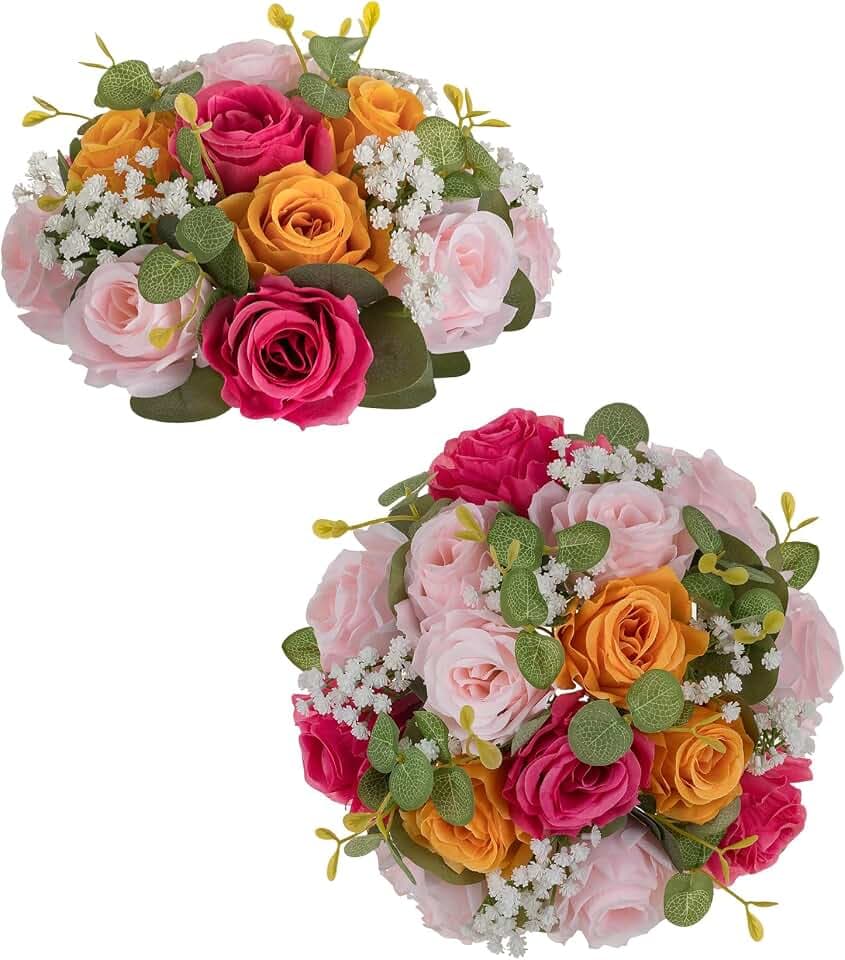BLOSMON Fake Flower Centerpieces for Home Tables: 2 Pcs, Pink and Orange