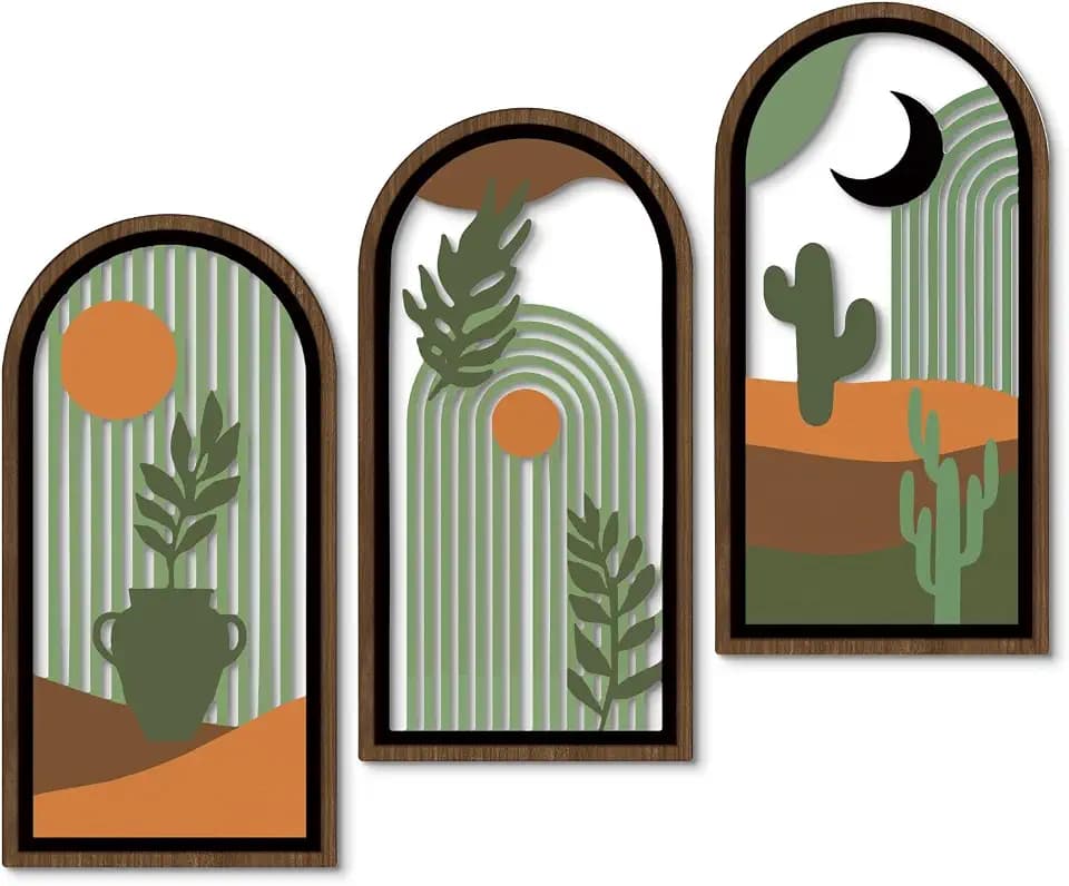 Putuo Decor Boho Wall Decor with Cactus, Modern Wooden Minimalist Wall Decor, Abstract Green Room Decorations 16x8 In Mid Century Artwork for Living Room Bedroom Office in Desert Green Set of 3