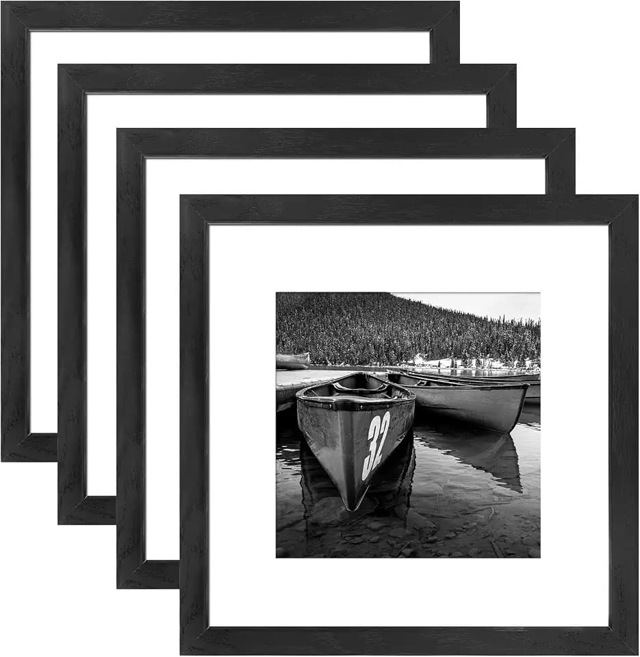 12x12 Frames Matted to Fit Photos 8x8 or 12 x 12 Pictures Without Mat, 12 by 12 Square Solid Wood Black Picture Frames for Wall Mounting(set of 4)