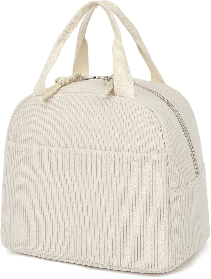 Corduroy Lunch Box for Girls Women, Reusable Insulated Lunch Tote Lunch Bag for School Work Picnic (Beige)