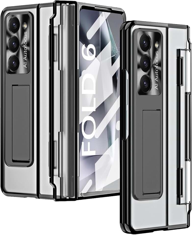 Galaxy Z Fold 6 Case, One-Piece Plating Housing with Kickstand and Screen Protector, Compatible with Samsung Galaxy Z Fold 6 5G 2024 (Black)