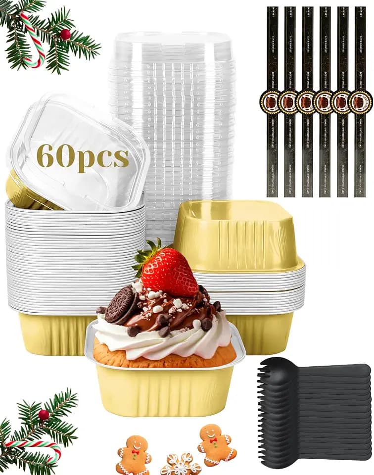 YQER 60 Pack 10oz Mini Cake Pans with Lids, Spoons, Stickers - Disposable Square Brownie Baking Cups - Individual Small Aluminum Foil Loaf Tins for Muffin, Ramekins, Cupcake - Catering, Gift, Gold
