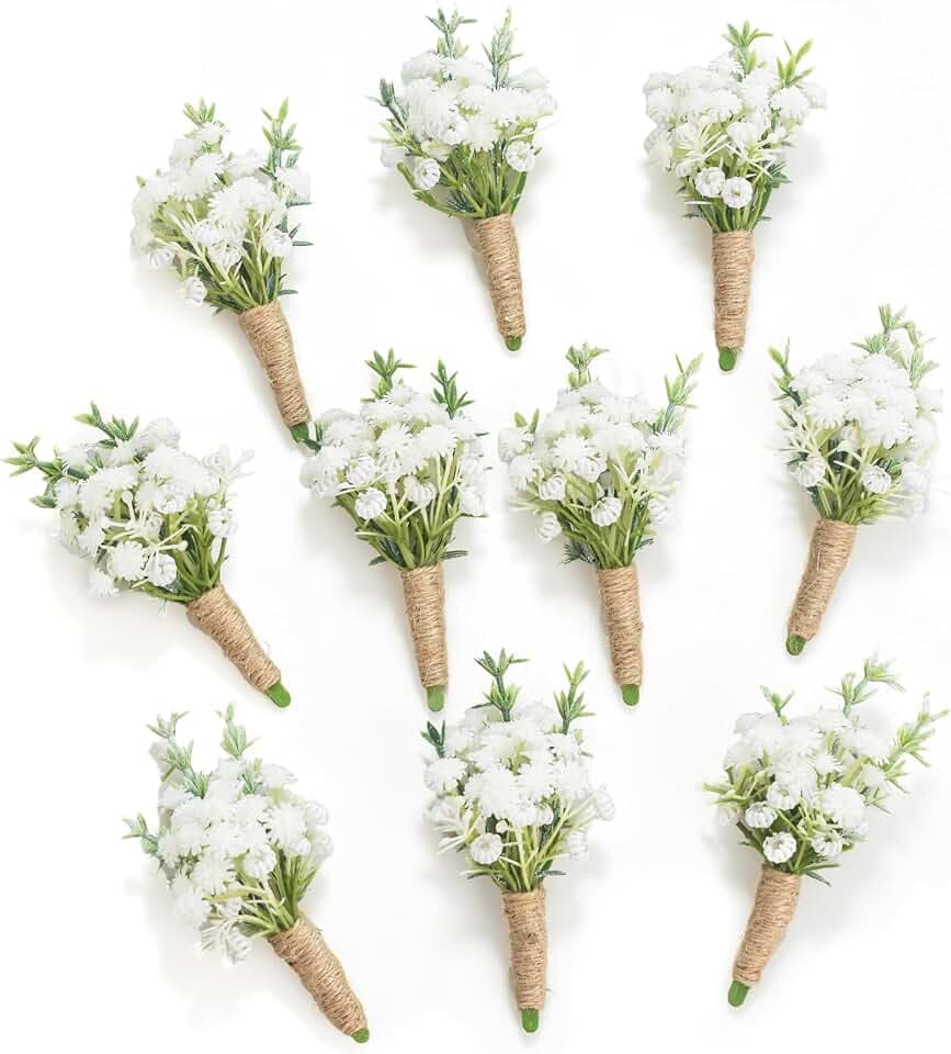 Baby Breath Boutonnieres for Men Wedding, 10Pcs, Natural White