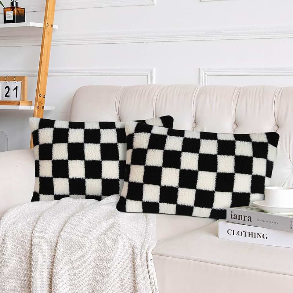 AmHoo 2 Pack Checkerboard Throw Pillow Covers 12x20 Inch Black