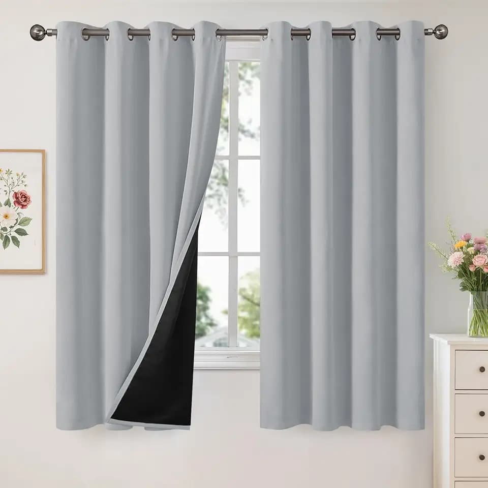 YoungsTex 100% Blackout Curtains 63 Inch Length, Thermal Insulated Drapes with Grommet Darkening Thick Layer for Bedroom Windows, Light Grey, 2 Panels, 52 X 63 Inch
