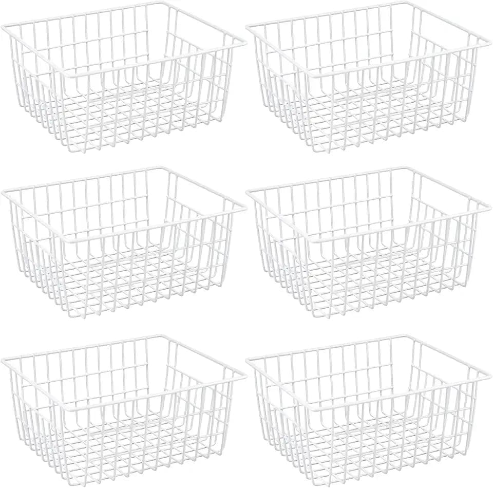 Redrubbit Wire Storage Baskets, Large Farmhouse Metal Freezer Basket Storage Organizer Bins with Handles for Kitchen Cabinets, Pantry, Closets, Bedrooms, Bathrooms, Set of 6, White