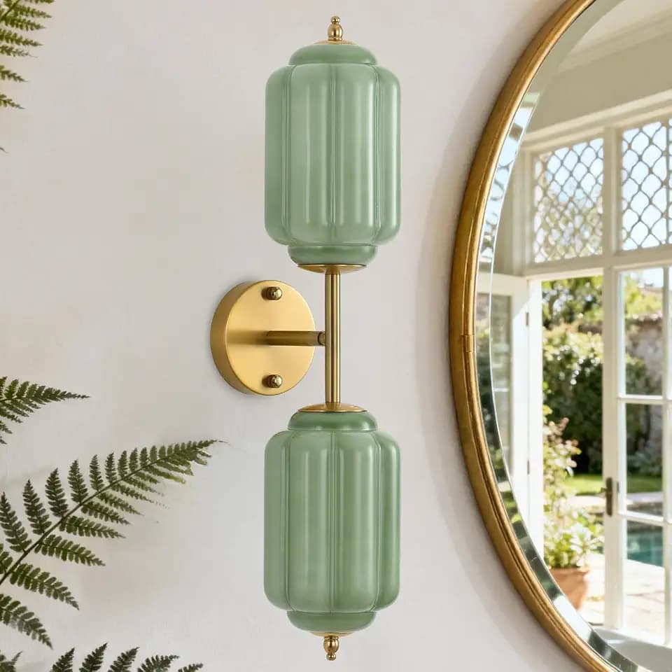 Vintage Glass Bathroom Vanity Light, 2Light Wall Sconce with Brass Finish Base Green Glass Shade Wall Sconce Lighting for Mirror, Kitchen, Living Room, Gallery, E12Base