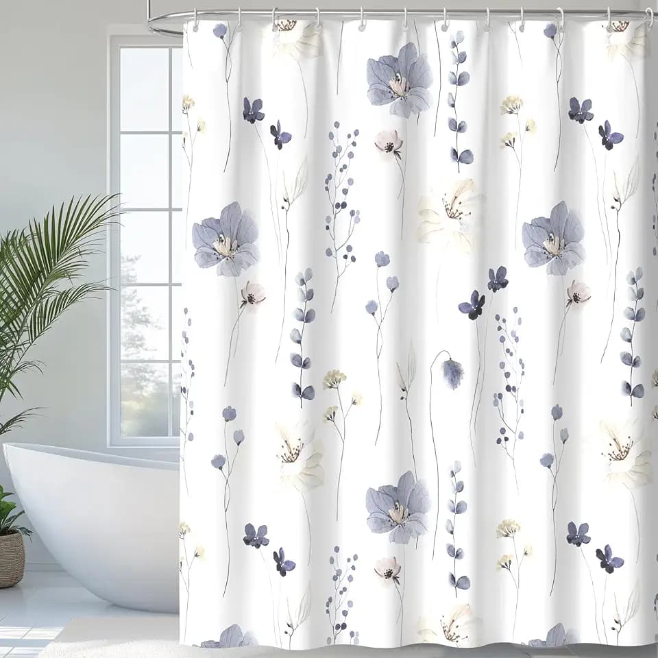 QiyI Watercolor Floral Shower Curtain with Hooks, 72 x 72, Grey