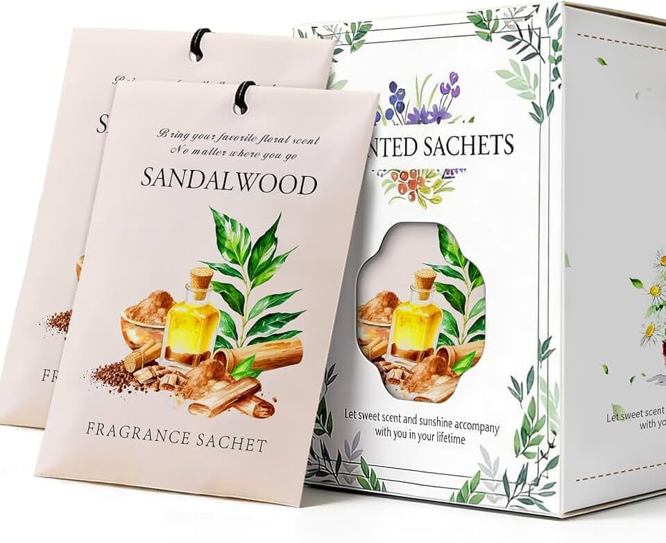 Sandalwood Scented Sachet Bags, 12 Pack for Drawers, Closets and Storage