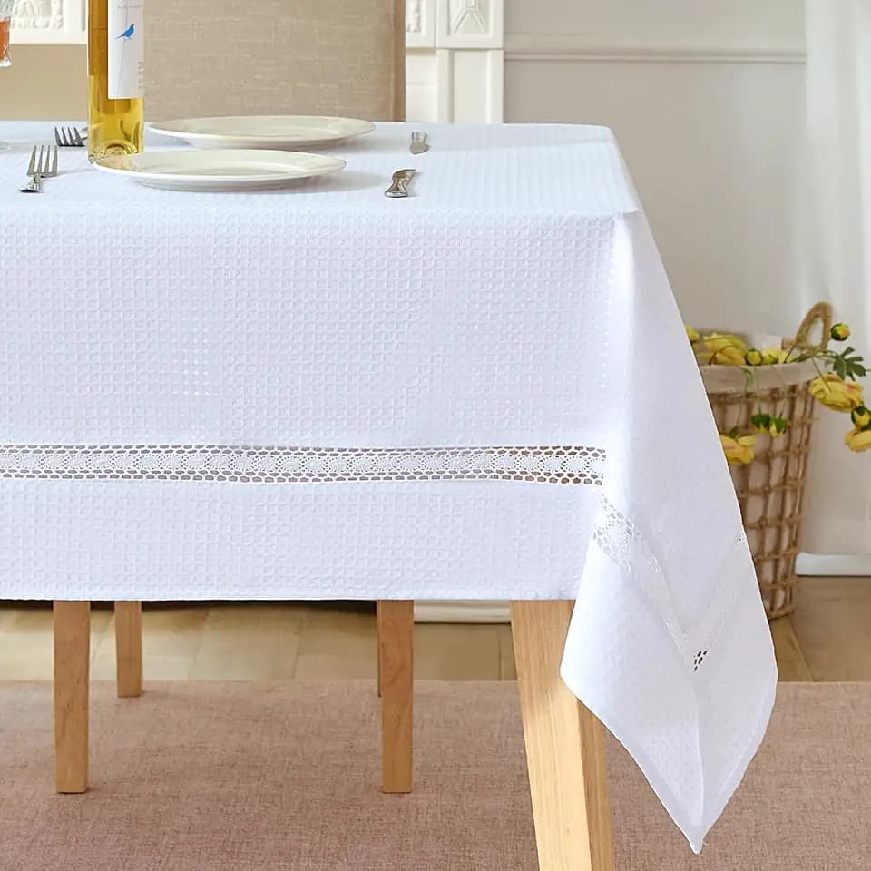 EHouseHome Heavy Duty Waffle Weave Jacquard Fabric Tablecloth with White Lace,Waterproof and Stain-Resistant Tablecloth for Dinning,Party,Holiday,Wedding,Rectangle,60x120Inch,White