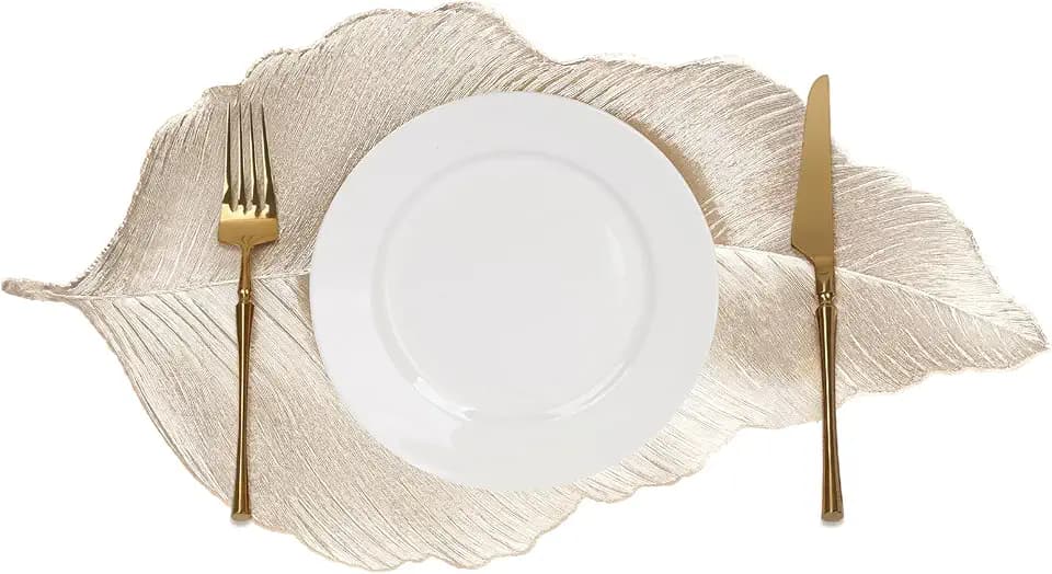 fanquare Gold Glitter Leaf Placemats 20''×12'' Set of 6,Pressed PVC Metallic Table Mats, Modern Place Mats for Dining Table Holiday Party Wedding, Anti-Skid