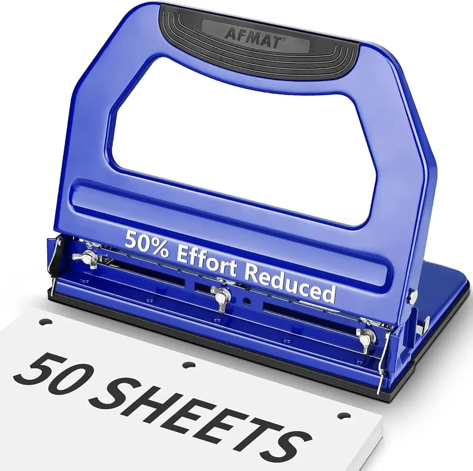 AFMAT HP18 3 Hole Punch Heavy Duty, 9/32" Holes, 50-Sheet Hole Puncher 3 Ring, 50% Reduced Effort, Adjustable Two & Three Hole Punch, Metal Paper Puncher w/Large Chip Tray, Metal Paper Guide, Blue