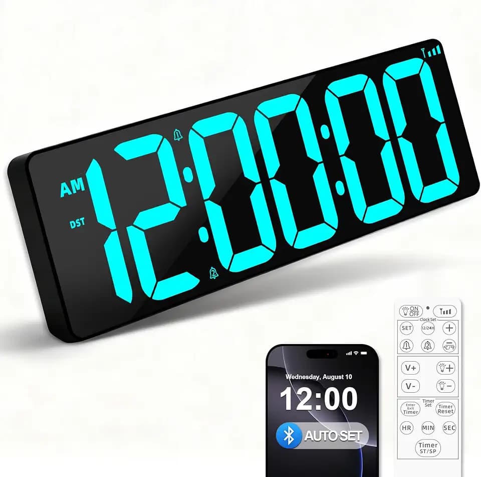 TXL 17.2" Bluetooth Digital Wall Clock with Seconds, Large Countdown Timer for Classroom Home Gym Kitchen Office, Alarm Clock with Remote Control, 4 Dimmable Brightness, Auto DST (Ice Blue)