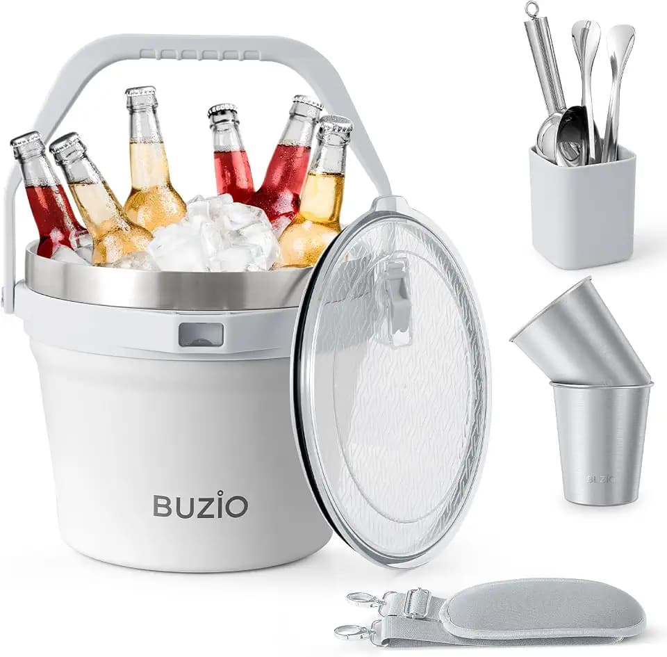 BUZIO 7.4 Qt/7 L Insulated Ice Bucket with Lid, Scoop, Tongs & Metal Cups