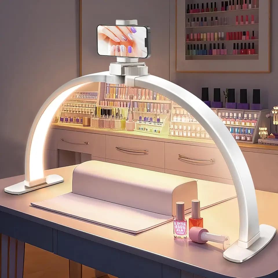 Nail Half Moon Light: Professional 29in Stable Moonlight with Phone Holder, 3 Light Color Modes/10 Brightness Adjustable for Salon & Home Manicure Station(White,Large)