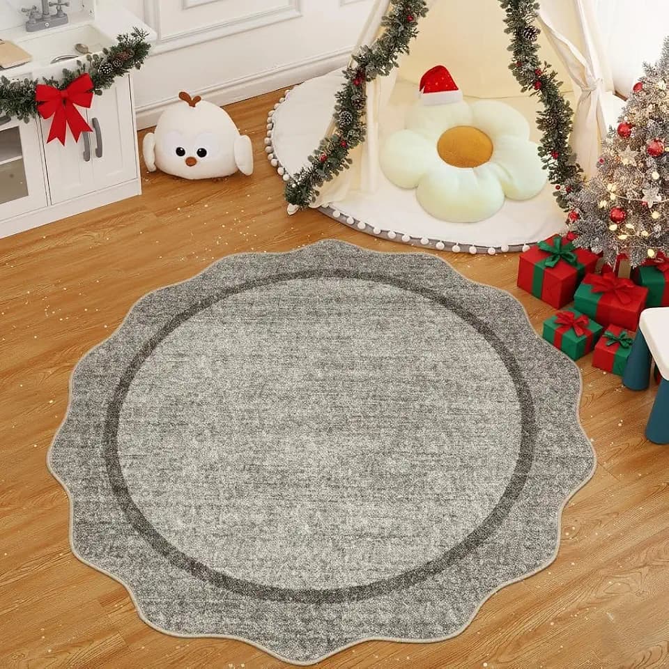 GarveeHome Scalloped Washable Non-Slip Soft Round Rug 4 ft, Brown
