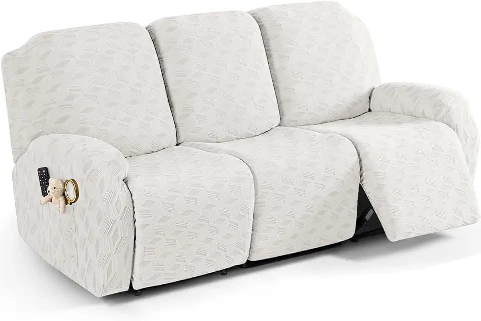 TAOCOCO Recliner Sofa Covers Stretch Reclining Couch Cover, Jacquard Recliner Couch Cover for 3 Seat Furniture Protector Sofa Slipcovers with Elastic Bottom for Kids, Pets (Cream White)