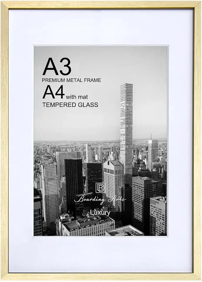 Boarding A3 Gold Poster Frame with A4 Mat,Premium Metal,Tempered glass