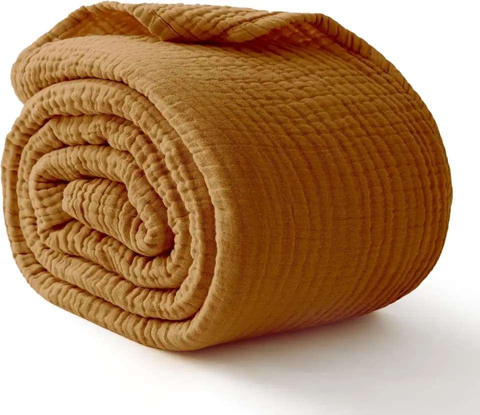 100% Cotton Muslin Blanket Adults, 6-Layer Large Throw, 50x70, Camel Yellow