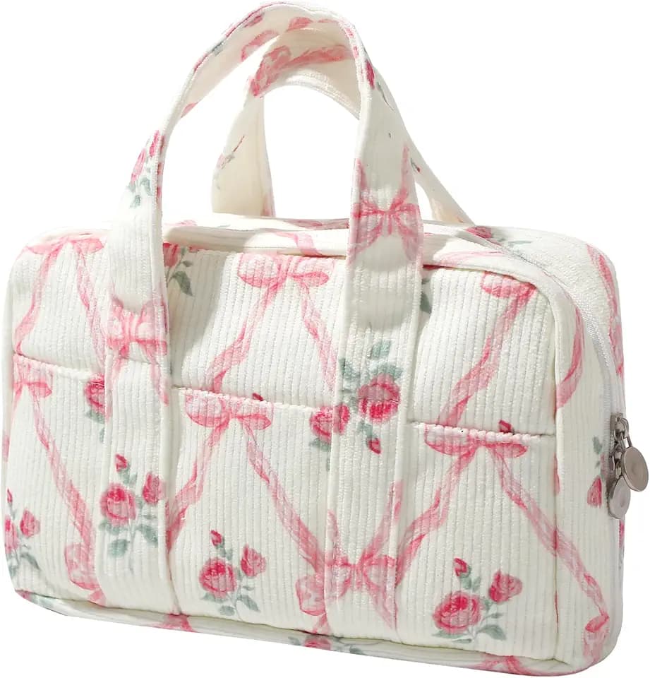 OZAOZ Large Pencil Case Pouch Extra Big Pencil Bag Wide Opening 5 Compartments Soft Corduroy Pen Bag Organizer with Zipper School Supplies for Girls Kids (A Pink Bow)