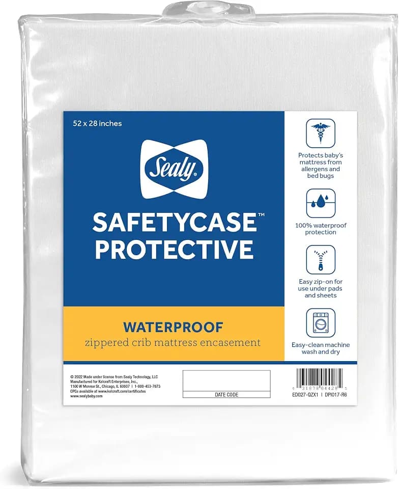 Sealy Baby SafetyCase Breathable Waterproof Crib Mattress Protector Pad, Toddler Bed Cover, Zippered Bedding Encasement, Noiseless, Machine Washable / Dryer Friendly, 52x28” - White