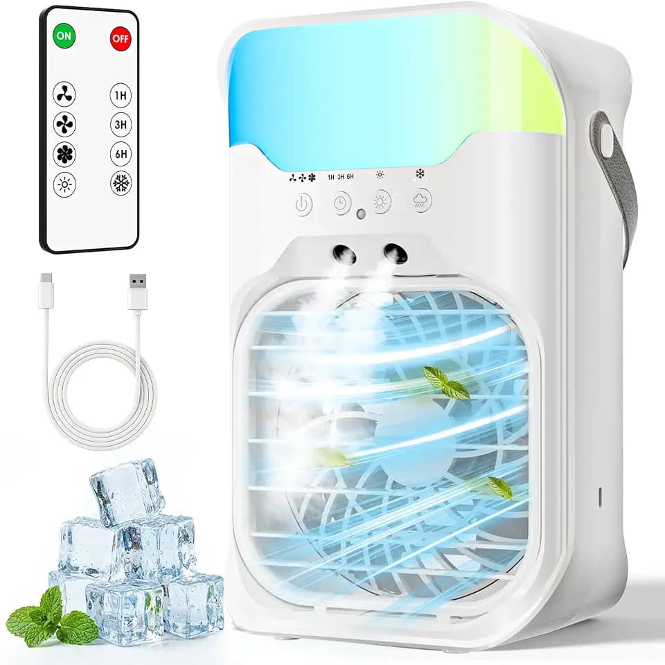 Portable Air Conditioners,4-in-1 Air Cooler,3 Fan Speeds,1600ML Water Tank With 2 Mist,10 Color Night Light,Remote Control,Portable AC for Room,Car,Bedroom,Office,Outdoor
