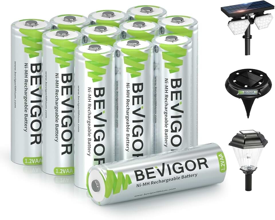 BEVIGOR 12 Stück 1000mAh 1.2V wiederaufladbare Solar-Batterien, leistungsstarke AA NI-MH-Akkus, geeignet für Außen-Solarleuchten, Lichterketten
