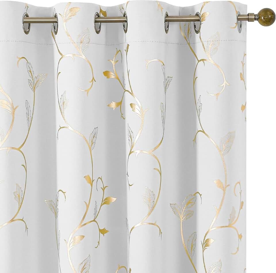 BUHUA Blackout Curtains Gold Foil Print Flower Vine Grommet Drapes, Room Darkening Thermal Insulated Curtains, Noise Reducing Curtain for Bedroom, Greyish White, 66Wx72L, 2 Panels
