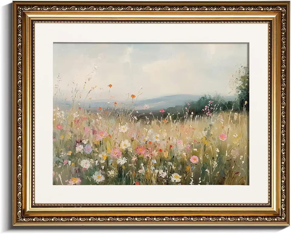 InSimSea Gold Picture Framed Wall Art, Living Room Vintage Field of Wildflowers Wall Decor, Nature Landscape Canvas Print Art, Home Farmhouse Decor, Antique Paintings with Frame 13x16inch