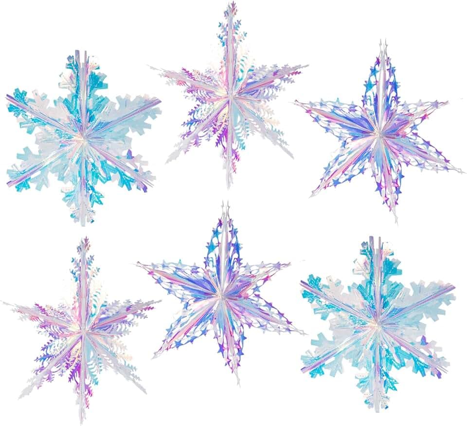 6pc16in Iridescent Snowflake Ornament Clear Foil Folding Hanging Decoration