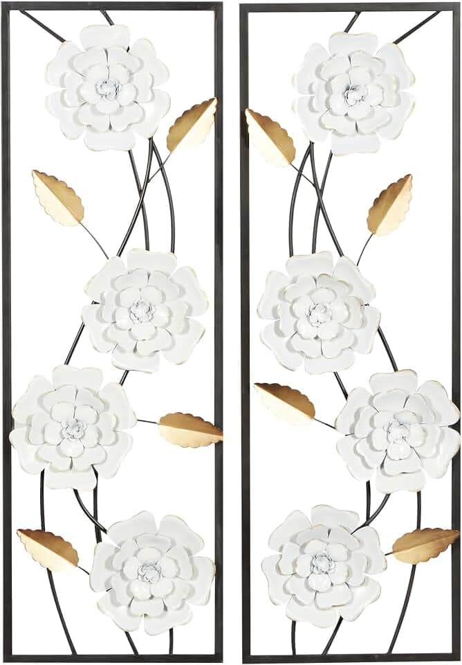 Deco 79 Metal Floral Home Wall Decor Dimensional Floating Wall Sculpture with Black and Gold Accents, Set of 2 Wall Art 12"W, 36"H, White & Gray