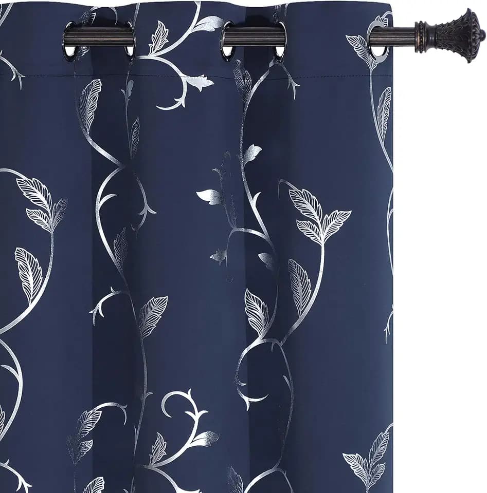 BUHUA Small Window Blackout Curtains with Silver Print Thermal Insulated Room Darkening Curtains for Kids Room 38W×45L Navy Blue 2 Panels