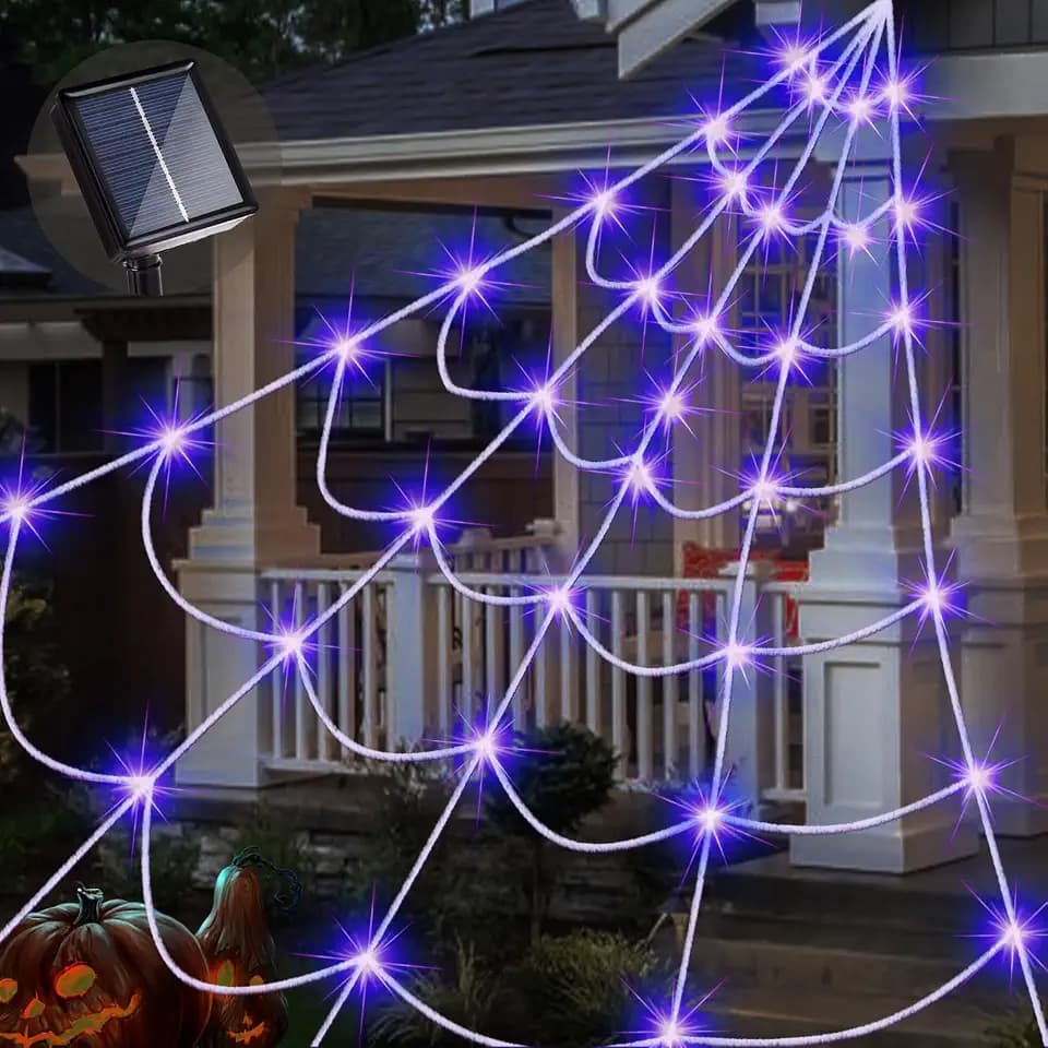 Outdoor Solar Powered Halloween Decorations Spider Web Lights