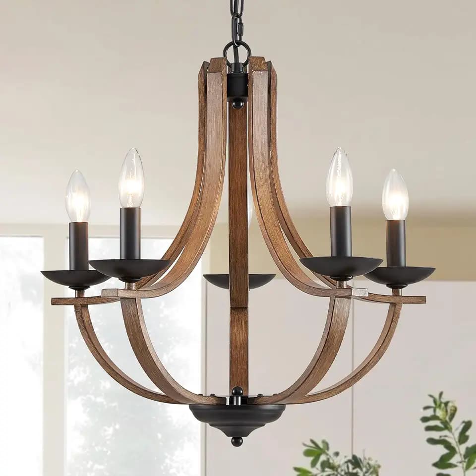 Modern Farmhouse Chandelier 5-Light, 21" Candle Dining Room Chandelier for Bedroom Hallway Kitchen Foyer, Rustic Adjustable Height Hanging Metal Ceiling Light Fixtures, Wood Grain and Black