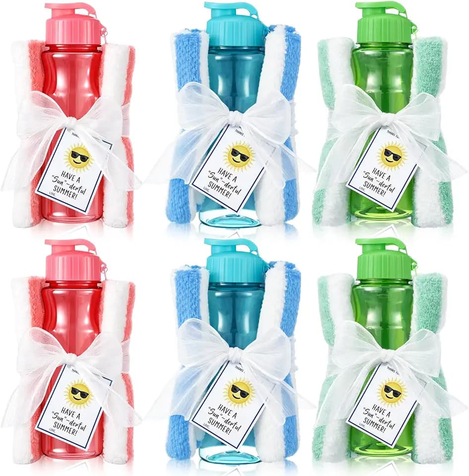 Frienda 12 Pcs Summer End of Year Gift for Teacher Include 6 Beach Towel, 6 Water Bottle with Thank You Cards for Beach Pool Party Favors Summer Bath Cruise Travel Supplies