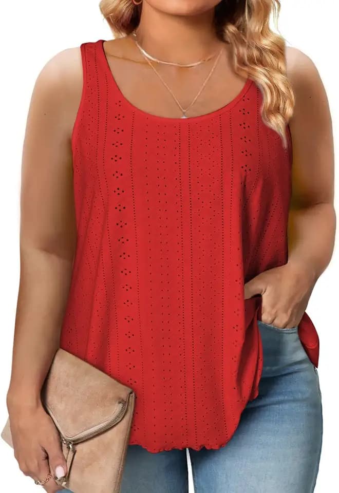 Eytino Womens Plus Size Tank Tops Summer Eyelet Embroidery Sleeveless T-Shirts Tops Scoop Neck Casual Loose Flowy Cami(1X-5X)