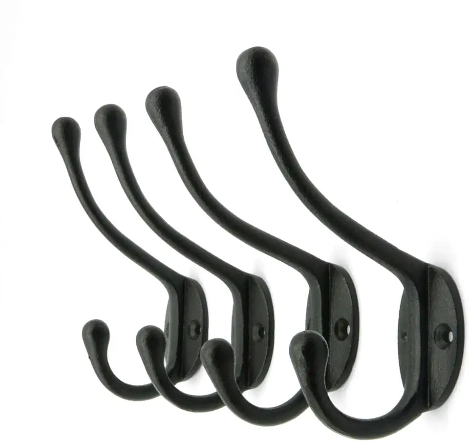 Craftsman Road Vintage Cast Iron Wall Hooks (Black Texture Finish, Set of 4) - Rustic, Farmhouse Coat Hooks | Great for Coats, Bags, Towels, Hats | Classic Slender