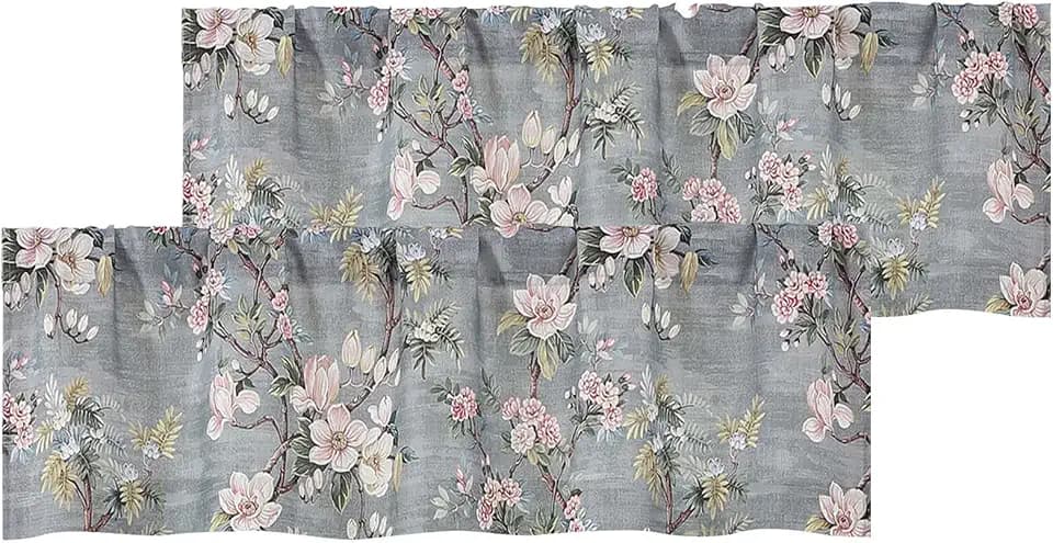 Simplebrand Sage Grey Linen Floral Valance Curtains 18 Inch 2 Panels for Kitchen, Light Blocking Narrow Cafe Window Curtains for Basement RV Camper Windows, Soft Farmhouse Basement Panels, 52"W x 18"L
