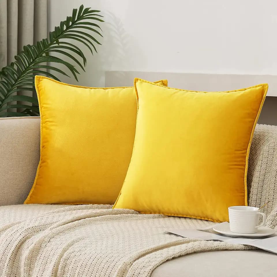 Velvet Yellow Throw Pillow Covers 20”x20”Pack of 2 Soft Decorative
