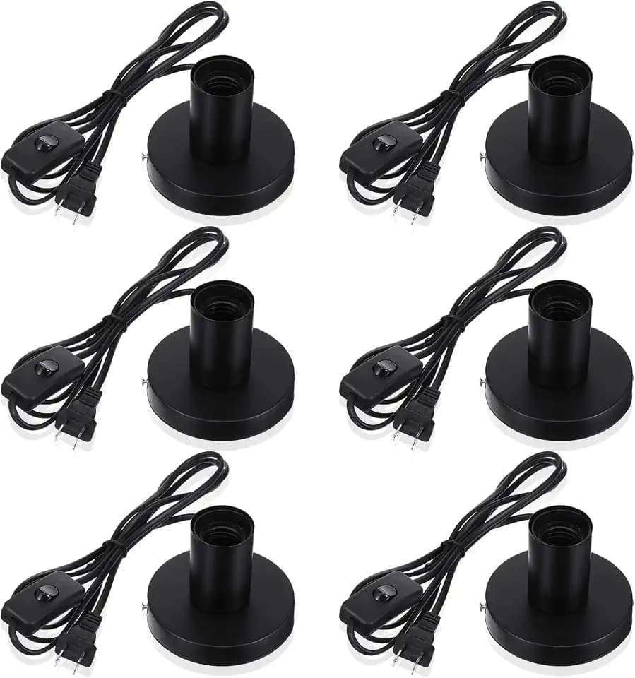 6 Pcs Polished Metal Desktop Lamp E26 E27 Screw Light Bulb Sockets Holder Base Lamp Replacement Base for Holding Bulb 6 Feet Cord on Off Switch Plug(Black)