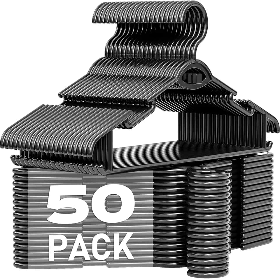 Heavy Duty Plastic Hangers 50 Pack, Stackable Space Saving, Black