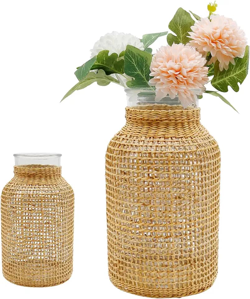 MDEOOSKY Straw Woven Glass Vase 10.23''X3.93''X5.51''Boho Glass Flower Vase Country Rustic Style Vase Glass Vase for Floral Arrangements Bottle Height (B Style 10.23IN)