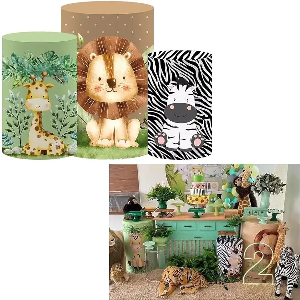 Safari Giraffe Spandex Round Cylinder Fabric Table Covers Boys Jungle Birthday Party Decorations Pedestal Stand Tablecloth Cover Baby Shower Banquets Parties(Fit for D16''xH36'' Tables)