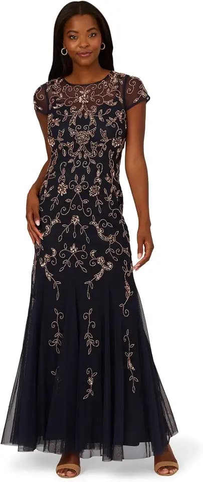 Adrianna Papell Women's Bead Mesh Godet Long Dress