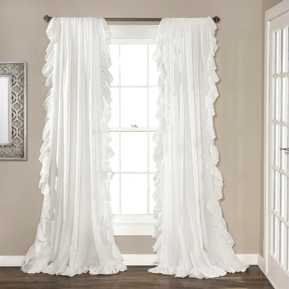 Lush Decor Reyna Ruffle Window Curtain Panel Set, Pair, 54" W x 95" L, White - Flowy Curtain Set - Romantic Ruffle Curtains for Bedroom, Living room, or Dining Room - Farmhouse & Cottage Home Decor