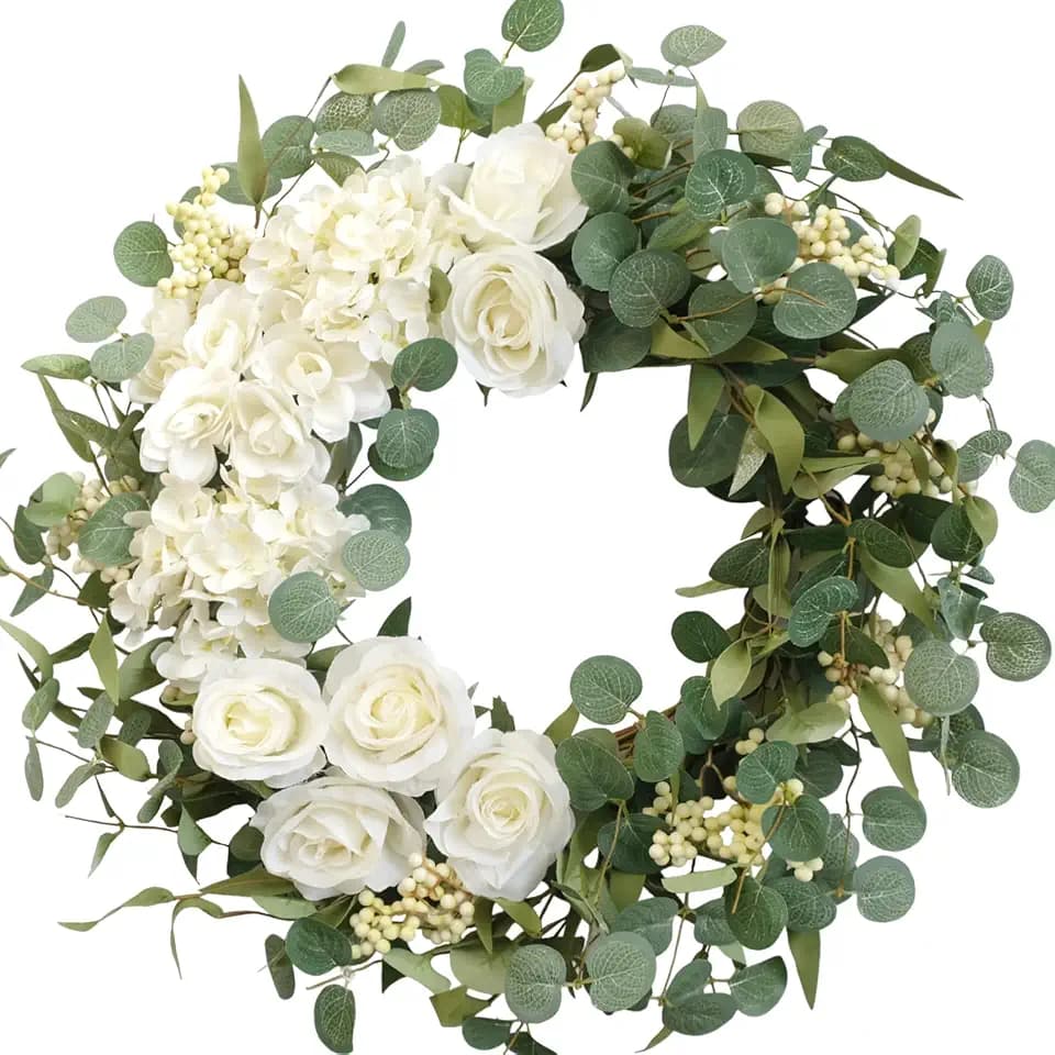 TEMPUS 20" Hydrangeas Spring Wreath for Front Door, Artificial Summer Green Wreaths with White Peony Flowers for Farmhouse Home Wedding Party Wall Windows Outdoor Decor(White)