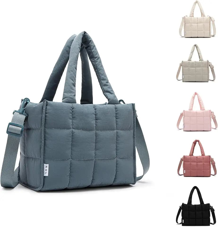 NOL Women's Nylon Lunch Cooler Quilted Tote Bag Puffy Insulated Lunch Bag for Women, Lightweight Waterproof Lunch Box for Work, Picnic, Outdoors,Dusty blue