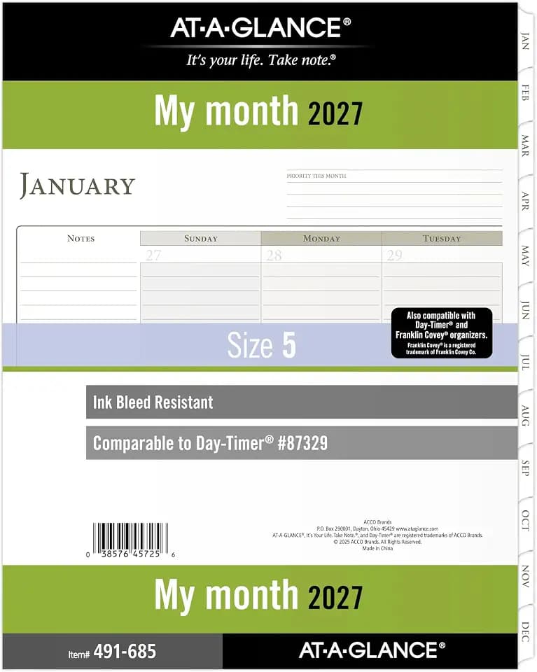 AT-A-GLANCE 2027 Planner Refill, Monthly, 8.5" x 11", Folio Size 5, Tabbed, 7-Ring Loose-Leaf (491-685-27)